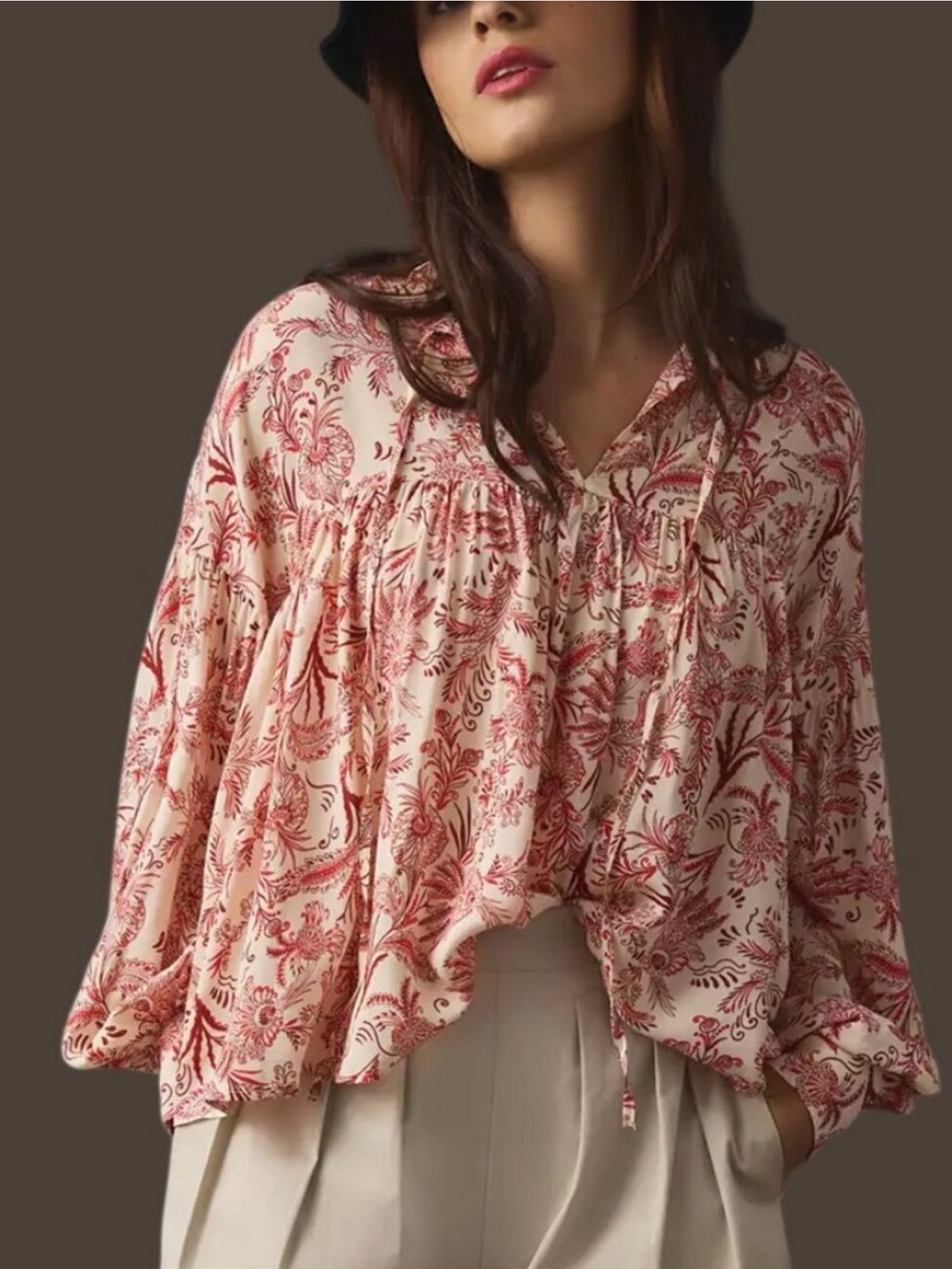 Anthropologie Tie-Front Peasant Blouse Long Sleeve size M